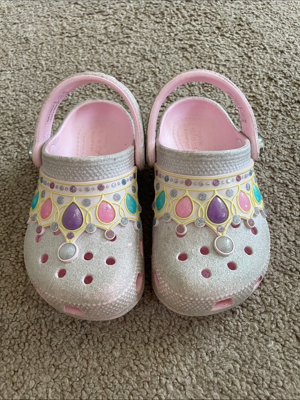 CROCS Kids Glitter Pink Clogs with Multicolor Gem Accents